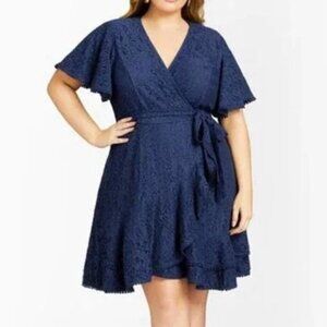 City Chic ~ Sweet Love Lace Flutter Sleeve Dress ~Navy - Size S (14)